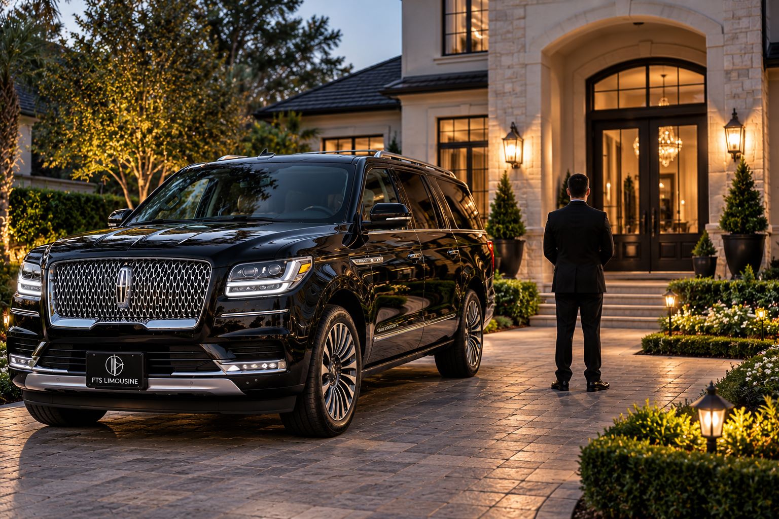 FTS Limousine chauffeur staged beside a luxury SUV at a home in Newberry, Florida