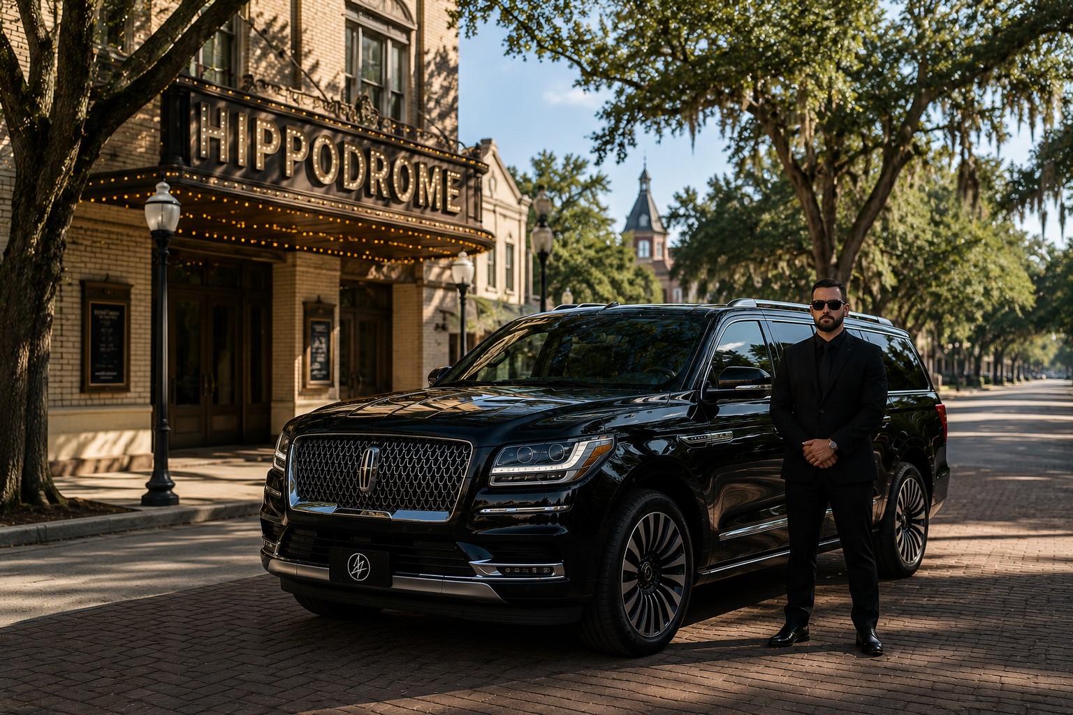 FTS Limousine luxury SUV and professional chauffeur outside the Hippodrome Theatre in Gainesville, Florida