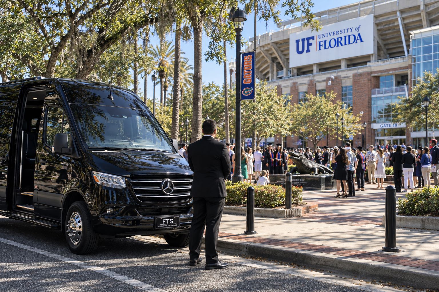 FTS Limousine Mercedes Sprinter and chauffeur at Ben Hill Griffin Stadium during a University of Florida graduation ceremony
