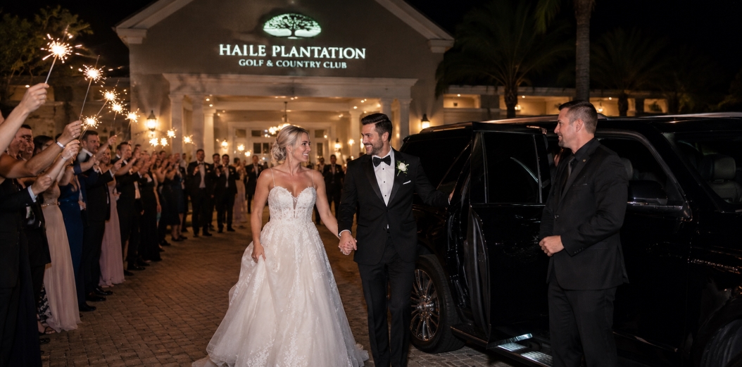 Bride and groom leaving their Gainesville wedding reception with luxury SUV transportation at Haile Plantation Golf & Country Club
