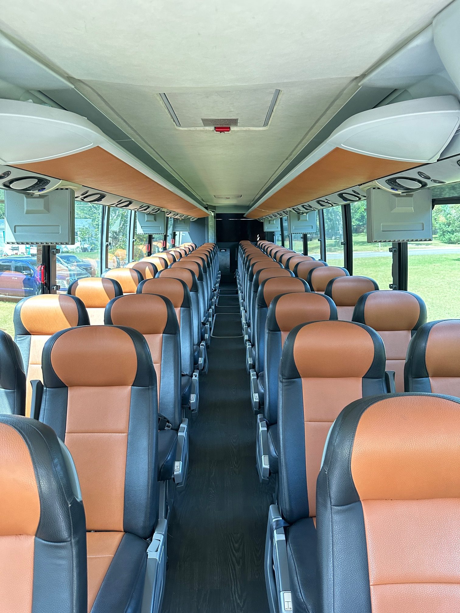 Interior of a Mercedes Setra charter bus for UF fraternity and sorority group transportation in Gainesville, Florida
