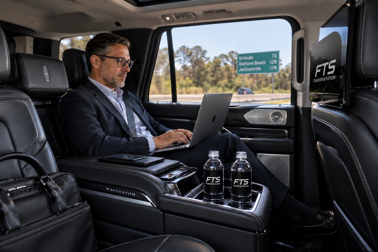 Business passenger working on a laptop during long distance car service with FTS Limousine