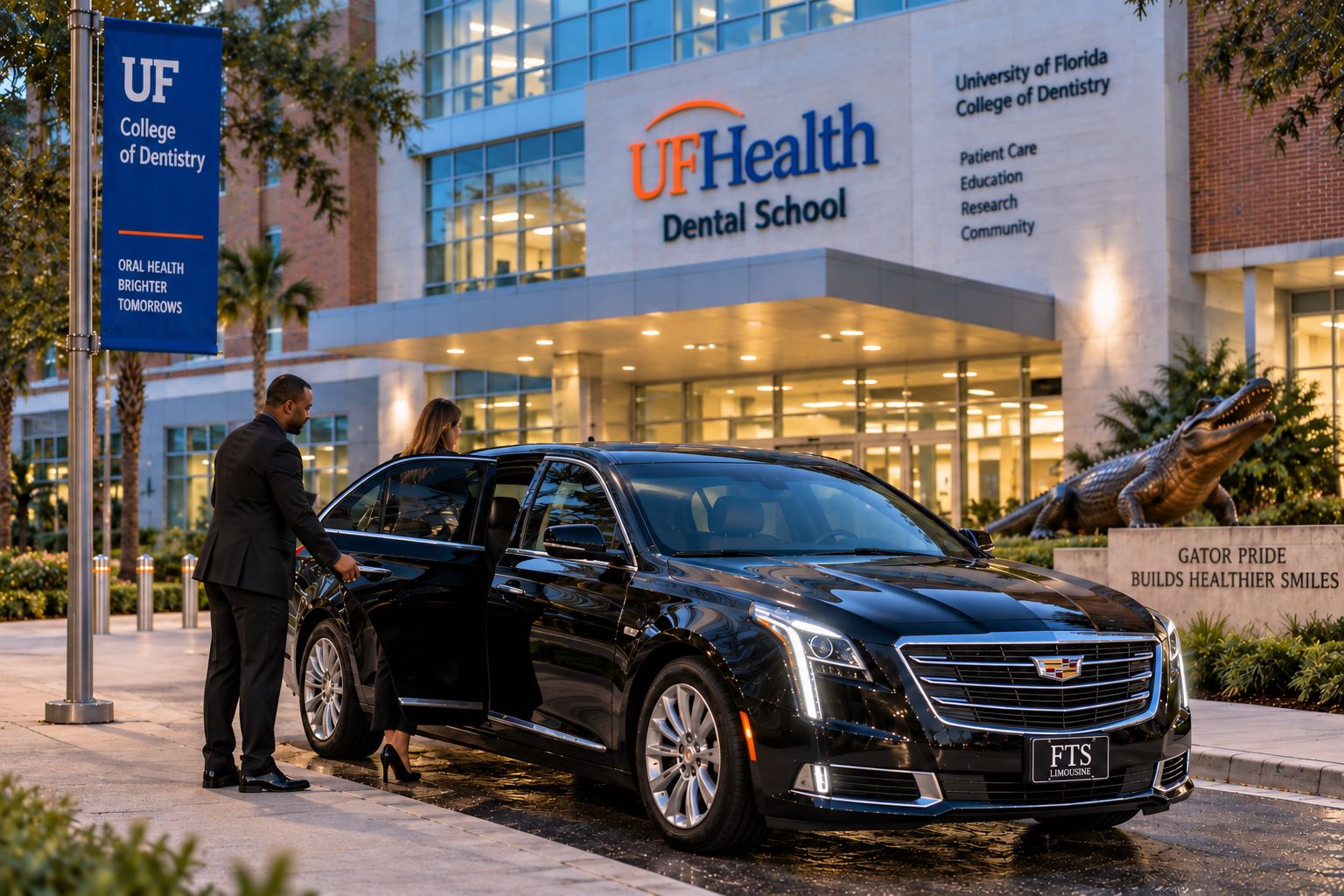 Luxury sedan and professional chauffeur assisting a passenger in Gainesville, Florida