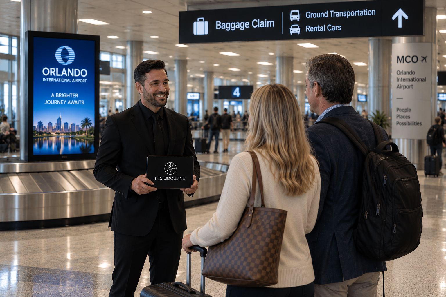 FTS Limousine chauffeur meeting passengers at Orlando International Airport baggage claim for private airport transportation.