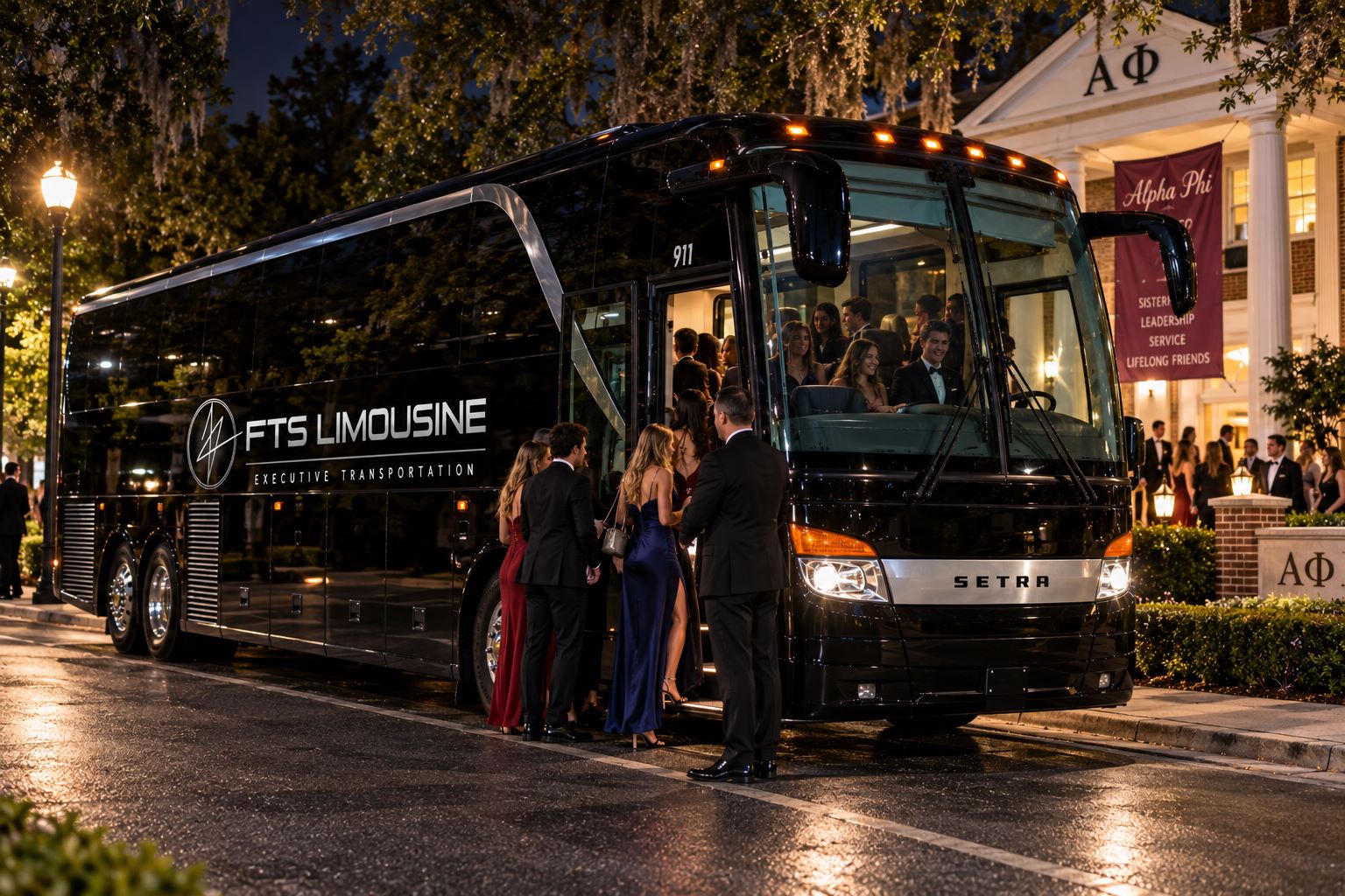 UF fraternity and sorority group loading onto an FTS Limousine charter bus in Gainesville, Florida