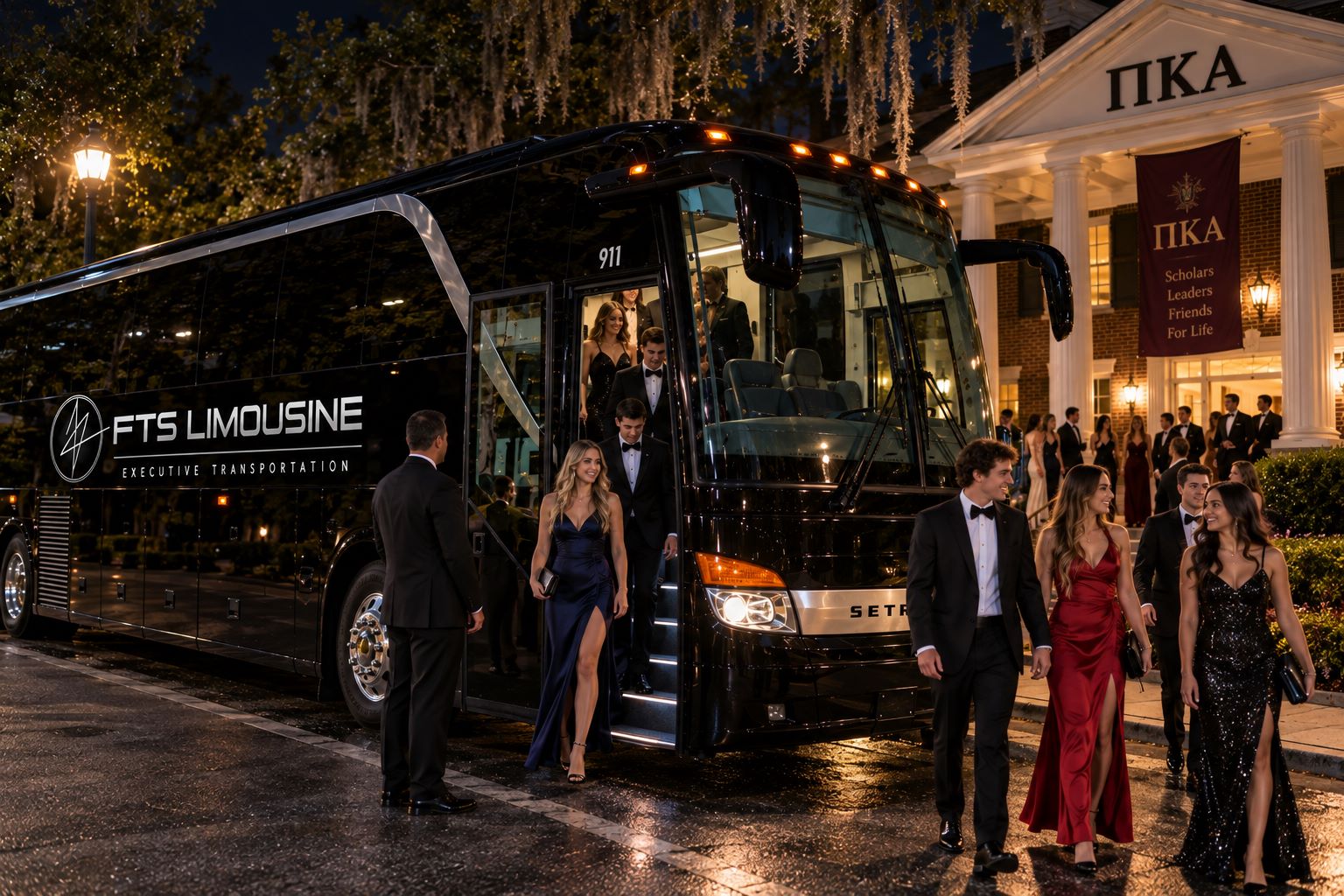 University of Florida fraternity and sorority students stepping off an FTS Limousine charter bus after a formal event