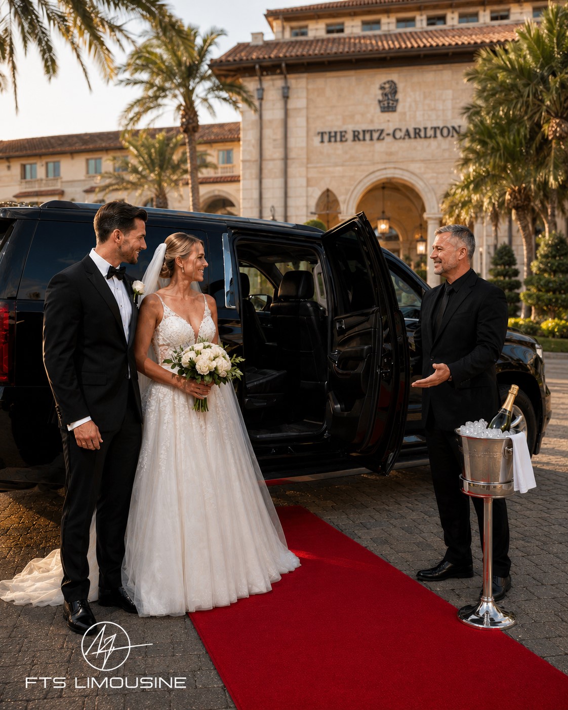 Gainesville wedding transportation with champagne and red carpet service